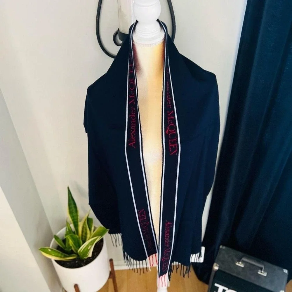 ALEXANDERw MCQUEEN Fringe Wool & Cashmere Scarf, Navy/Red, NWT